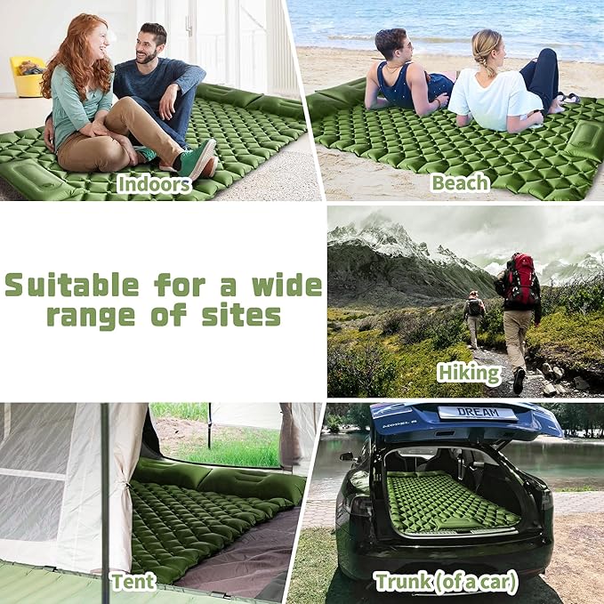 Double Sleeping Pad for Camping, 2 Person Ultralight Inflatable Sleeping Mat with Pillow and Built-in Foot Pump, Portable Camping Mattress for Tent, Backpacking, Hiking, Traveling(Green