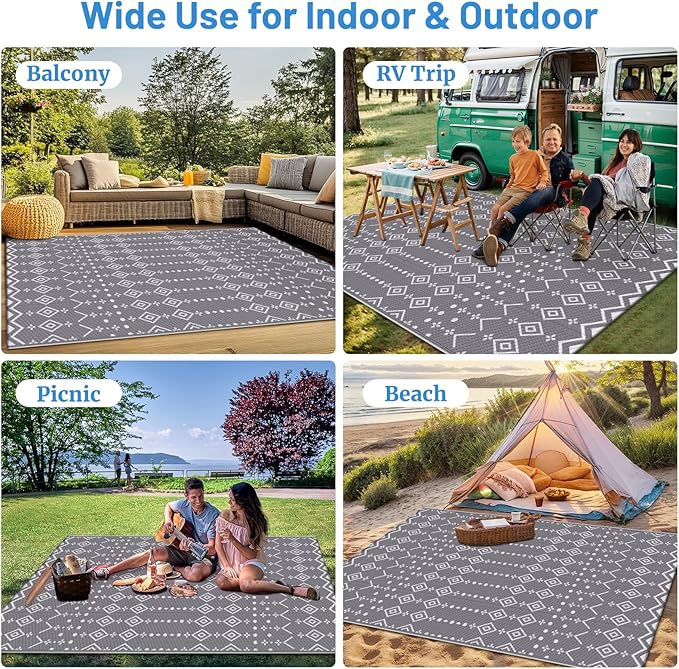 StepRite 5’ x 8’ Reversible Outdoor Rug, Waterproof Plastic Straw Rug, Patio Rug, Large Modern Area Rug Carpet, Indoor Outdoor Rugs for Camping, Porch, Deck, Balcony, Backyard, RV, Picnic(Grey)
