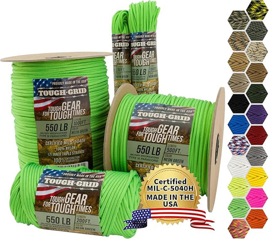 TOUGH-GRID Premium 550lb Paracord Rope - 200 Ft. - Neon Green - 100% Nylon Type IV Mil-Spec - UV & Abrasion Resistant - Heavy Duty Strands - Outdoor Survival Rope - Used by US Military - Made in USA