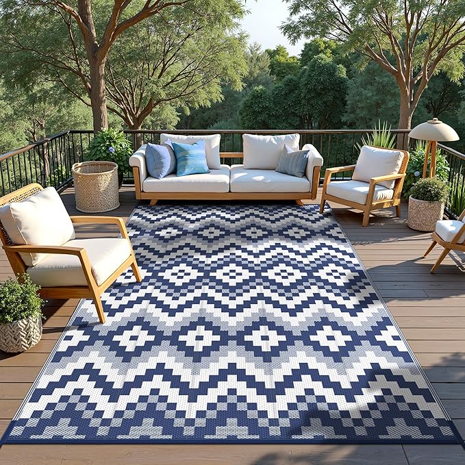 GENIMO Outdoor Rug for Patio, 5' x 8' Lightweight Waterproof Plastic Straw Rugs, Reversible Camping Carpet, Large Area Rugs Mat for Rv, Deck, Balcony, Porch, Backyard, Blue & White