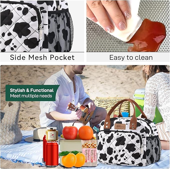 Buringer HOMESPON Lunch Bag for Woman Man Adults with Front Pocket Insulated Lunch Tote Lunch Box Container for Work Picnic or Travel(Cow with Side Pockets)