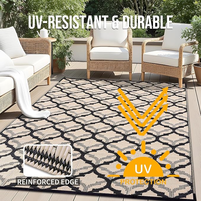 OLANLY Reversible Outdoor Rug 8x10 ft Clearance, Waterproof Outdoor Plastic Straw Rug with Interlacing Pattern, RV Mat for Patio, Camping, Balcony, Deck, Backyard, Black & Beige