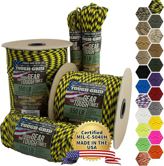 TOUGH-GRID Premium Danger Zone Paracord 550 lbs Made in USA Outdoor Survival Nylon Rope Tactical Heavy Duty Strands Parachute Cord Used by US Military Type III Mil-Spec