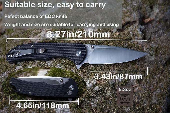 FD04 Folding Pocket Knife, D2 Steel Drop Blade G10 Handle and Button Lock EDC Pocket Cool Knife for Men and Women, Camping Hunting Hiking Fishing Knives Tools (Black Drop)