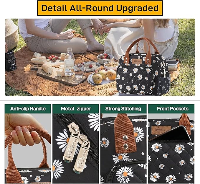 Buringer HOMESPON Lunch Bag for Woman Man Adults with Front Pocket Insulated Lunch Tote Lunch Box Container for Work Picnic or Travel(Daisy with Side Pockets)