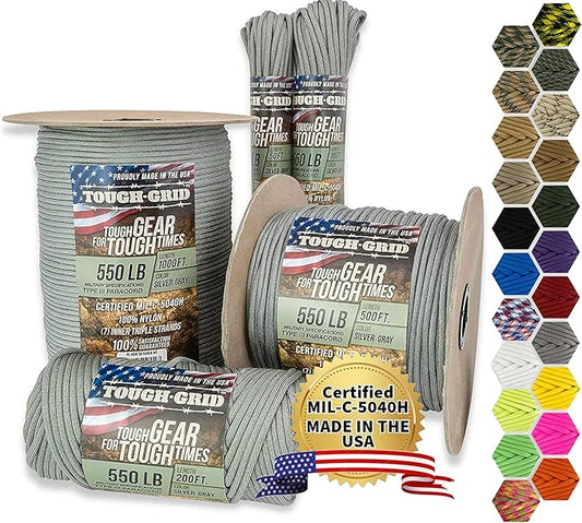 TOUGH-GRID Premium 550lb Paracord Rope - 50 Ft. - Silver Gray - 100% Nylon Type IV Mil-Spec - UV & Abrasion Resistant - Heavy Duty Strands - Outdoor Survival Rope - Used by US Military - Made in USA