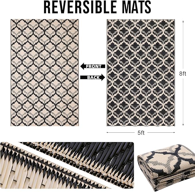 OLANLY Reversible Outdoor Rug 5x8 ft Clearance, Waterproof Outdoor Plastic Straw Rug with Interlacing Pattern, RV Mat for Patio, Camping, Balcony, Deck, Backyard, Black & Beige