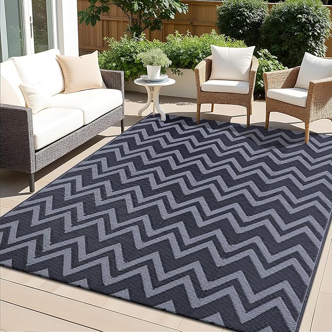 OLANLY Waterproof Outdoor Rug 5x8 ft Clearance, Reversible Outdoor Plastic Straw Rug, RV Mat, Indoor Outdoor Carpet for Patio, Camping, Balcony, Deck, Backyard, Black & Grey