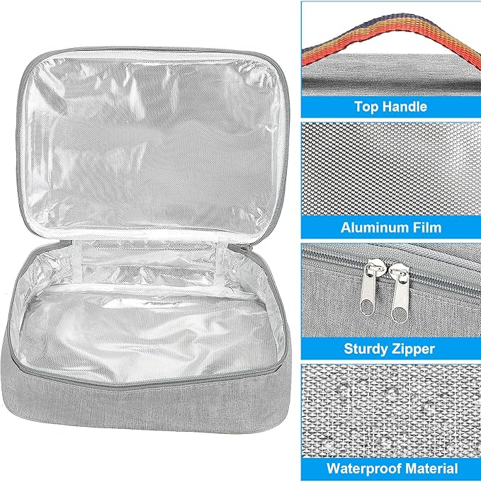 PATIKIL 11"x8"x3" Insulated Lunch Bags, Portable Food Containers Bag Flat Bento Bags Reusable Thermal Lunch Pail for Men and Women, Grey