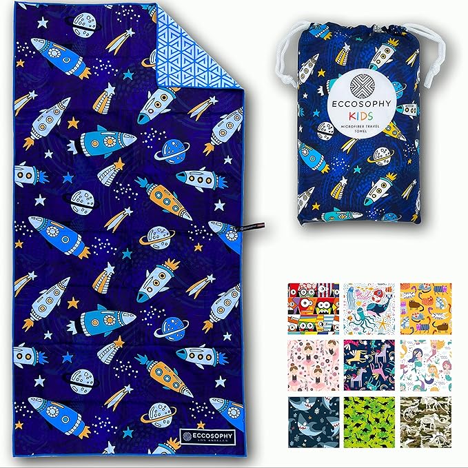 ECCOSOPHY Microfiber Kids Beach Towels & Pouch 60"x30" for Girls & Boys - Quick Dry Pool Towels - Sand Free Beach Blanket for Travel - Camping - Vacation - Toallas Playas