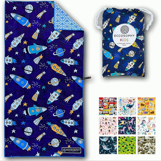 ECCOSOPHY Microfiber Kids Beach Towels & Pouch 60"x30" for Girls & Boys - Quick Dry Pool Towels - Sand Free Beach Blanket for Travel - Camping - Vacation - Toallas Playas
