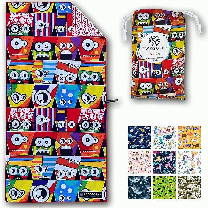 ECCOSOPHY Microfiber Kids Beach Towels & Pouch 60"x30" for Girls & Boys - Quick Dry Pool Towels - Sand Free Beach Blanket for Travel - Camping - Vacation - Toallas Playas