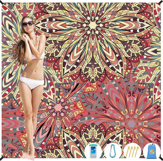 Beach Blanket Waterproof Sandproof 1-7 Adult Oversized 78 '' × 81 '' Lightweight Durable Compact Sand Free Beach Mat for Travel Camping Hiking Picnic Blanket Extra Large