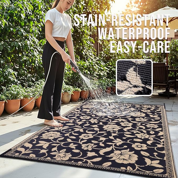 OLANLY Waterproof Outdoor Rug 8x10 ft, Outdoor Plastic Straw Rug with Flower Pattern, Reversible RV Mat for Patio, Camping, Balcony, Deck, Backyard, Black & Beige