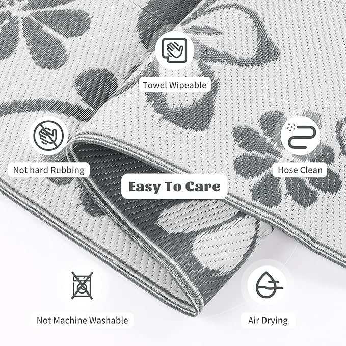 Ileading Outdoor Plastic Straw Rug 8x10ft Funny Floral Style Reversible Patio Area Rugs Waterproof Non Shedding Portable Carpets for Rv Outside Deck Pool Beach Picnic Camping (Grey)