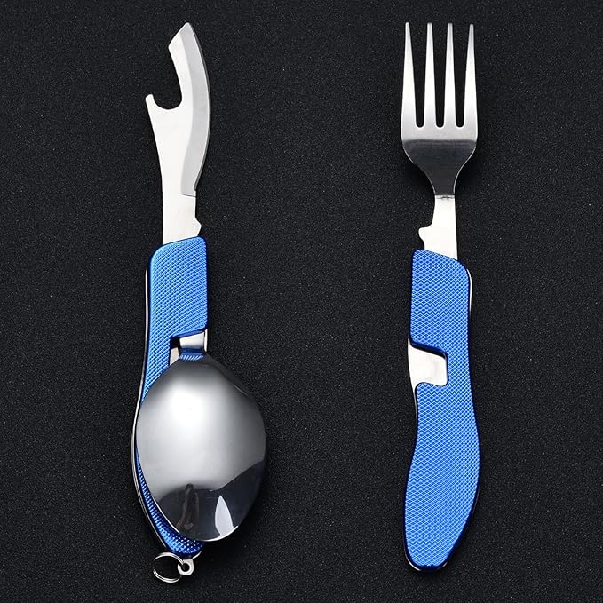 Camping Silverware Set HIKENTURE 4-In-1 Stainless Steel Hobo Knife Fork Spoon Bottle Opener with Storage Case (Blue)