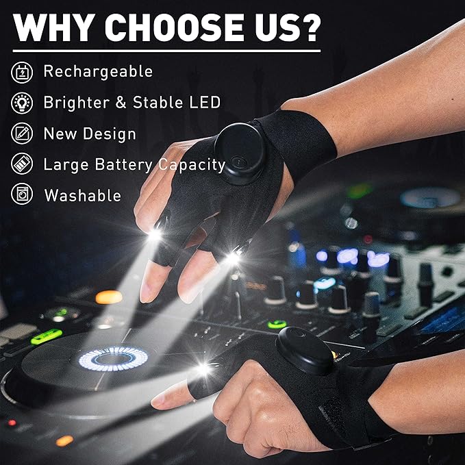 ThxToms Rechargeable LED Flashlight Gloves, Gifts for Men, Father's Day, Christmas, Birthday Gifts for Dad Boyfriend Husband Men Him, Cool Gadgets Tools for Repairing Fishing Camping, Black,Upgrade