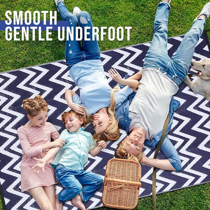 OLANLY Waterproof Outdoor Rug 9x12 ft Clearance, Reversible Outdoor Plastic Straw Rug, RV Mat, Indoor Outdoor Carpet for Patio, Camping, Balcony, Deck, Backyard, Navy & White