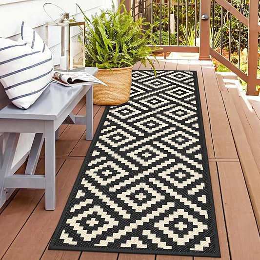 GENIMO Outdoor Rug 2.5'x8' Waterproof, Reversible Camping Mat, Plastic Straw Rugs for Patio, RV, Camper, Balcony, Backyard, Picnic, Deck (Black & Beige)