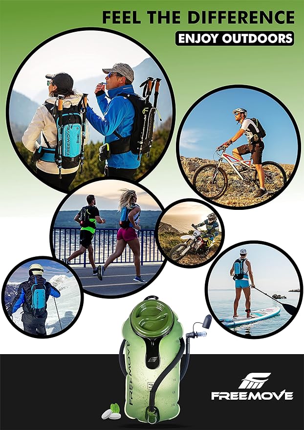 FREEMOVE Hydration Bladder 2L / 3L Water Bladder for Hiking Backpack >Blue or Green< Leak Proof Hydration Pack, Tasteless & BPA Free, TPU Water Reservoir, Quick Release Insulated Tube & Shutoff Valve