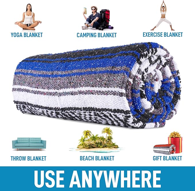 Authentic Extra Large Mexican Blanket (70"x50") - Handwoven Yoga Blanket, Serape Blanket - Artisanal Falsa Blanket, Beach Blanket, Camping Blanket, Picnic Blanket, Outdoor Blanket (King Blue)
