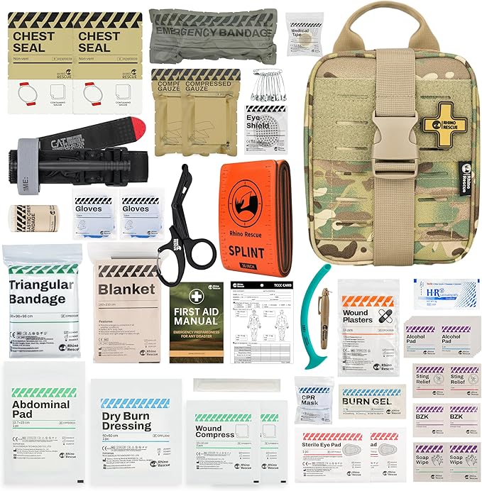 RHINO RESCUE IFAK Trauma Kit with C-A-T Tourniquet, Tactical First Aid Kit Molle Pouch for Military, Combat, Car, Camping, Hiking, Travel, FSA HSA Eligible (Camo)