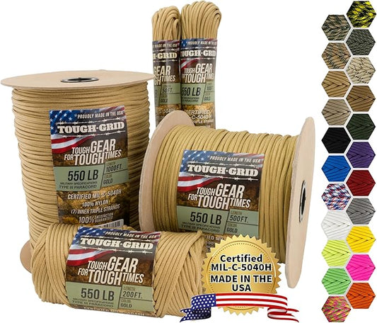 TOUGH-GRID Premium 550lb Paracord Rope - 50 Ft. - Gold - 100% Nylon Type IV Mil-Spec - UV & Abrasion Resistant - Heavy Duty Strands - Outdoor Survival Rope - Used by US Military - Made in USA
