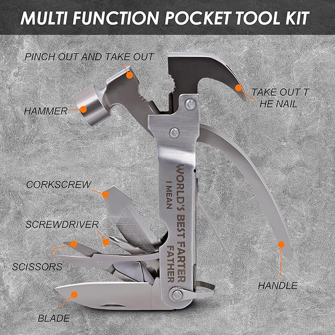 Fathers Gifts for Dad from Daughter Son WORLD'S BEST FATHER I MEAN FATHER Hammer Multitool Camping, 12 In 1 Pocket Multi Survival Tools Cool Gadgets Christmas Birthday Gifts for Men boyfriend