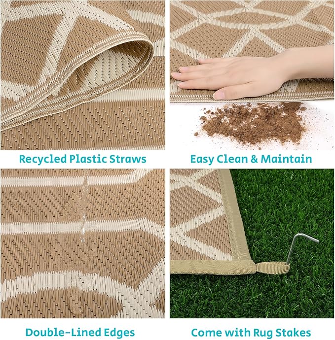 HEBE Outdoor Rug 9'x12' for Patios Waterproof Clearance Reversible Patio Mat Plastic Straw Rug RV Camping Mat Outside Area Rug Carpet for Camping RV,Porch,Deck,Balcony,Camper,Backyard
