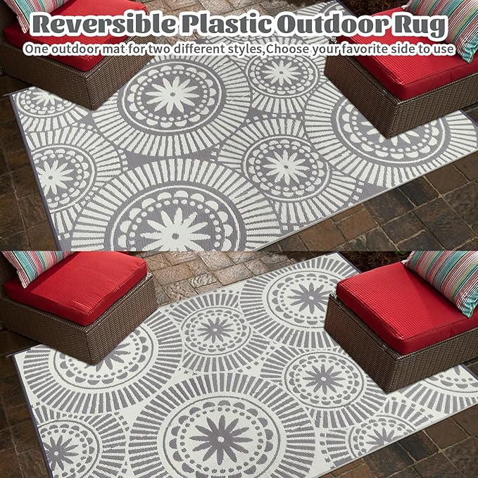 Ileading Outdoor Plastic Straw Rug 8x10ft Modern Geometric Style Reversible Patio Area Rugs Waterproof Non Shedding Portable Carpets for Rv Outside Deck Pool Beach Picnic Camping (Grey)