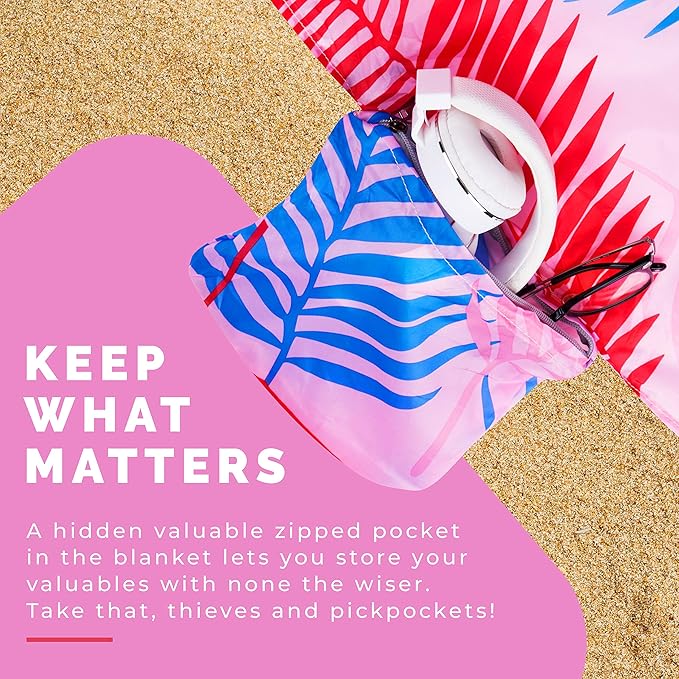 Lightweight Beach Blanket - Oversized 107" x 77" - Waterproof Sandproof - Double Anchored for Fun Leisure Beach Blanket - with Stake and Pouch - Durable Sand Beach Mat