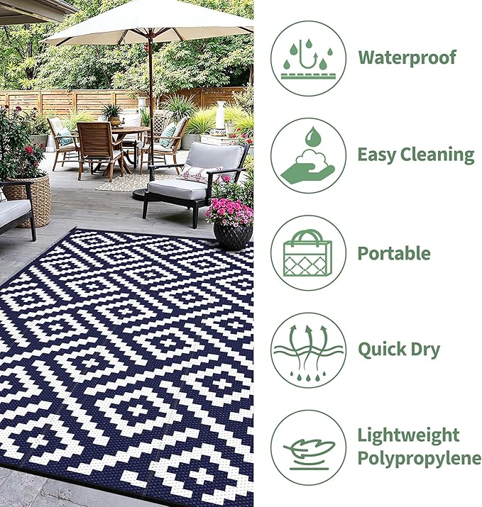 Outdoor Rug for Patio - Waterproof Plastic Straw Camping Rugs 9x12 ft, Reversible Outdoor Indoor RV Mat Carpet for Patio, Porch, Deck, Balcony, Picnic, Beach, Blue White