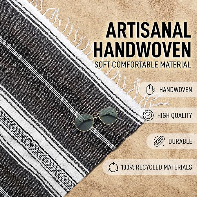 Authentic Extra Large Mexican Blanket (70"x50") - Handwoven Yoga Blanket, Serape Blanket - Artisanal Falsa Blanket, Beach Blanket, Camping Blanket, Picnic Blanket, Outdoor Blanket (Brown)