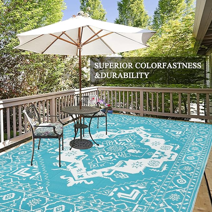 Pauwer Waterproof Outdoor Rug 9x12, Reversible Plastic Straw Patio Camping Rug, Indoor Outdoor RV Mat Carpet for Deck, Camper, Porch, Balcony, Backyard, Picnic, Medallion Teal