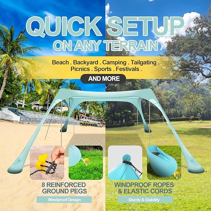 Buheco Beach Tent Pop Up Shade 7x7.5ft Beach Canopy Sun Shelter UPF50+ with 4 Foldable Poles-Portable Carrying Bag-Sand Shovel-Ground Pegs-Windproof Ropes for Outdoor Family Camping-Fishing- Picnic