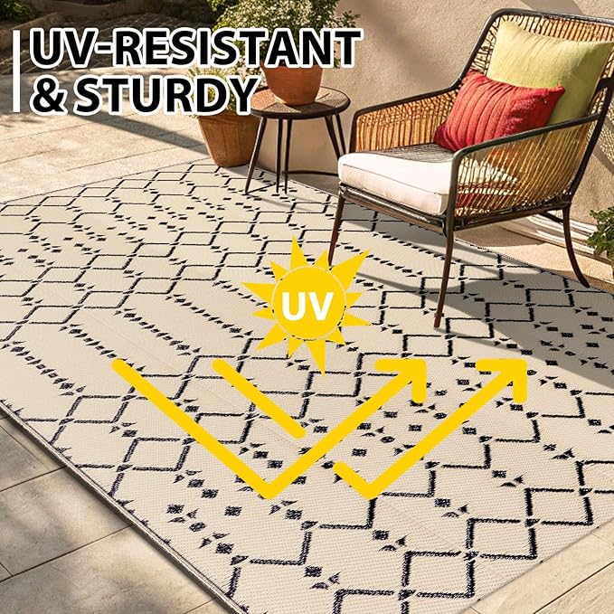 Smiry Outdoor Rug 5x8 ft, Waterproof Reversible Plastic Straw Rugs, Boho Outdoor Area Rug, Outside Floor Mat for Patio, Backyard, Deck, Picnic, Beach, Camping, Beige