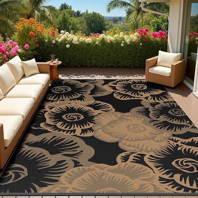 MontVoo Outdoor Rug 8x10 Waterproof Patio Rug-Outdoor Carpet Mat Reversible Plastic Straw Outside Outdoor Rug for RV Camping Picnic Beach Balcony Backyard Pool Deck Farmhouse Floral Black Brown