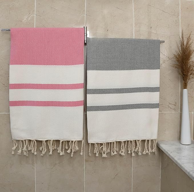 2 Oversize Cotton Travel Towel Pack Quick Dry Beach Camping Pool Hiking Compact Portable Lightweight Absorbent Breathable Keep Warm Airplane Blanket (Baby Pink and Silver Gray)
