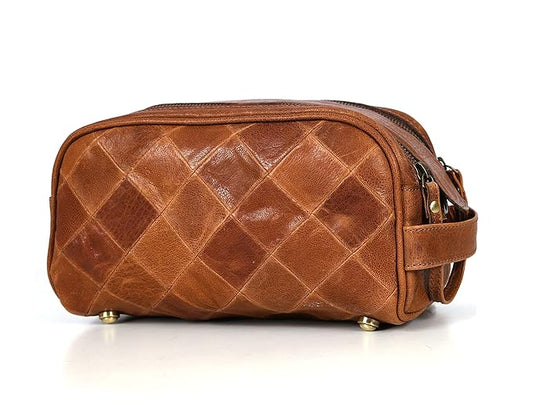 10" Premium Leather Toiletry Travel Pouch With Waterproof Lining | King-Size Handcrafted Vintage Dopp - Kit ~ Gift for Father's Day By Aaron Leather Goods (CM Tan)