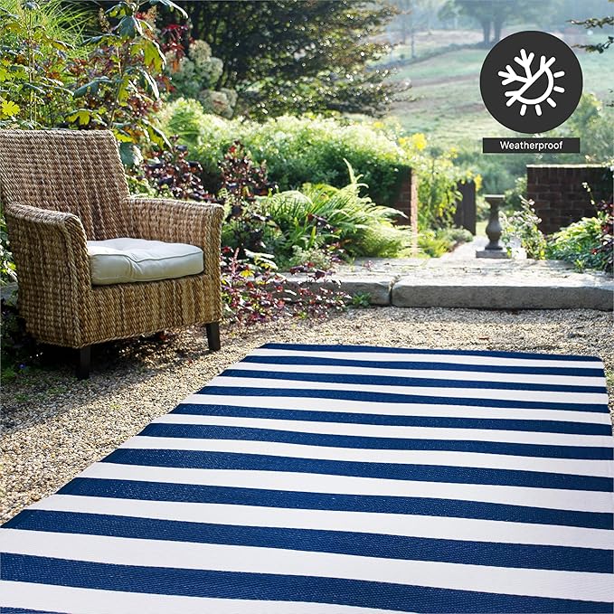 FH Home Outdoor Rug - Waterproof, Fade Resistant, Reversible - Premium Recycled Plastic - Striped - Patio, Deck, Porch, Balcony, Laundry Room - Brittany Stripe - Blue & White Crease Free - 4 x 6 ft