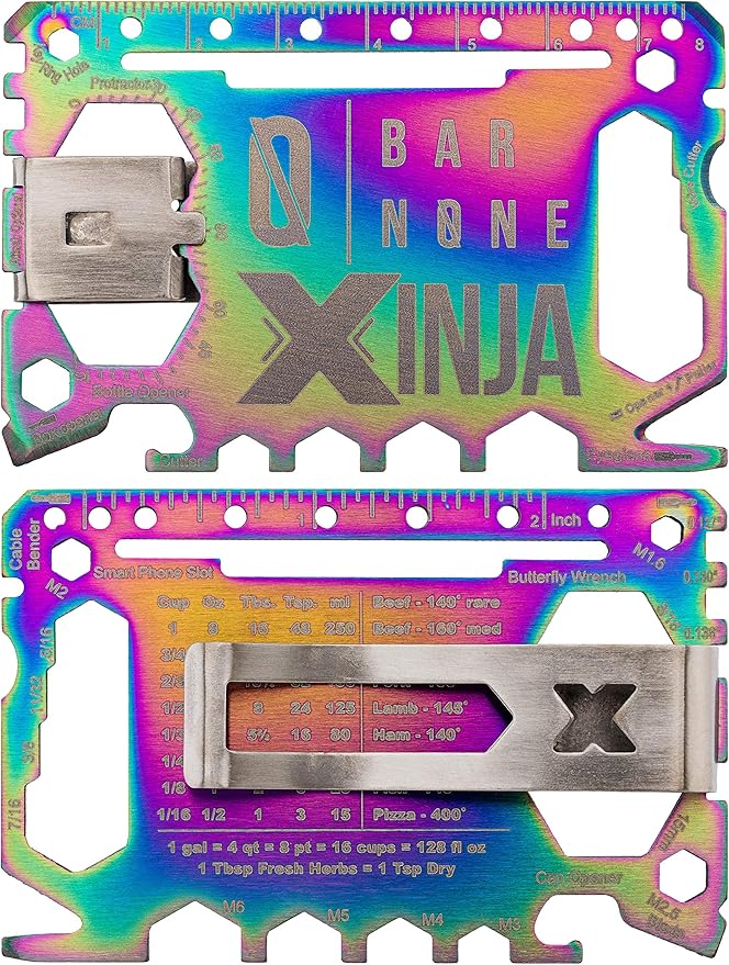 50 in 1 Credit Card Multitool Wallet Multi Tool Money Clip Clips Xtreme Ninja EDC Gerber Leatherman Knives Utility Knife Slim Wallets Minimalist Survival Everyday Carry | BAR NONE Xinja, Rainbow