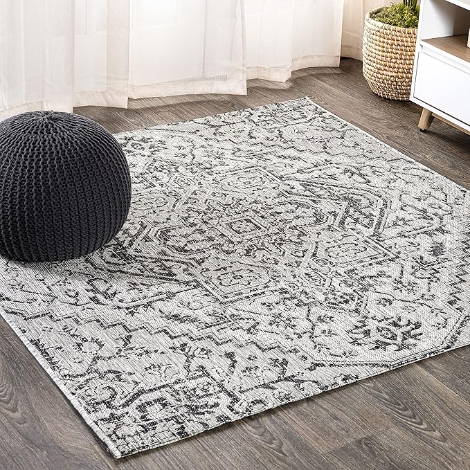 JONATHAN Y SMB105D-3SQ Estrella Bohemian Medallion Textured Weave Black/Gray 3' Square Indoor/Outdoor Area Rug, Pet Friendly, Non-Shedding, Stain Resistant, Easy-Cleaning for Backyard, Patio, Porch