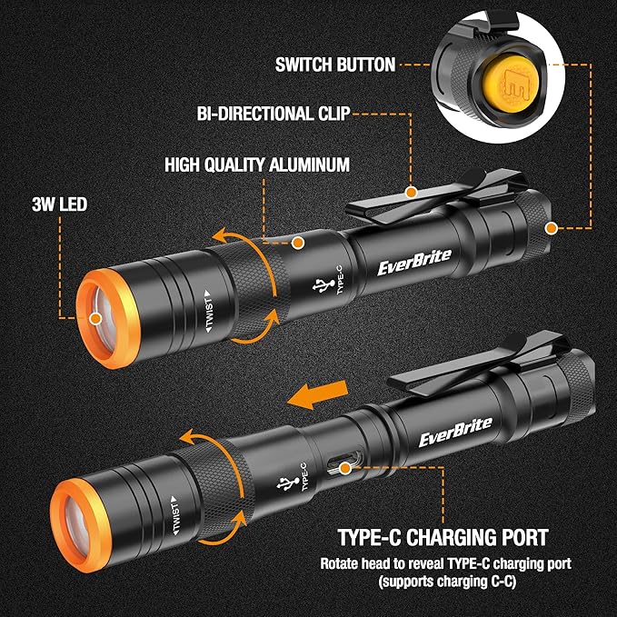 EverBrite Mini Pen Light, Rechargeable Pocket Pen Flashlight with USB C Cable, 4 Light Modes, 300 Lumens Small Flashlight with Clip for Inspection, Repair, Outdoors, Emergency, Black