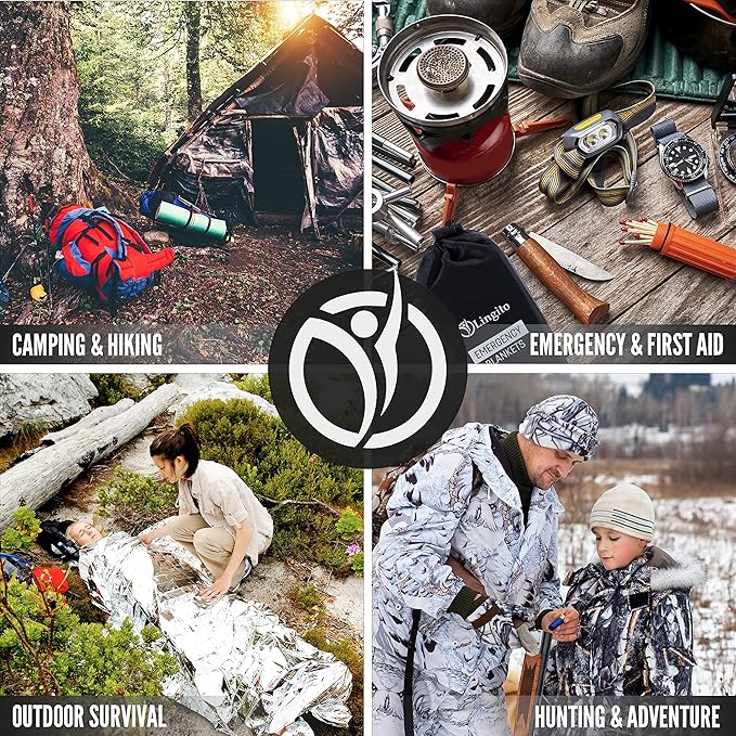 Lingito Survival Blanket, Emergency Blankets Camping, Hiking, Traveling, Heavy Duty Thermal Blanket, Waterproof Insulated Space Blankets Individually Packed, Emergency Outdoor Kit (5 Pack - Orange)