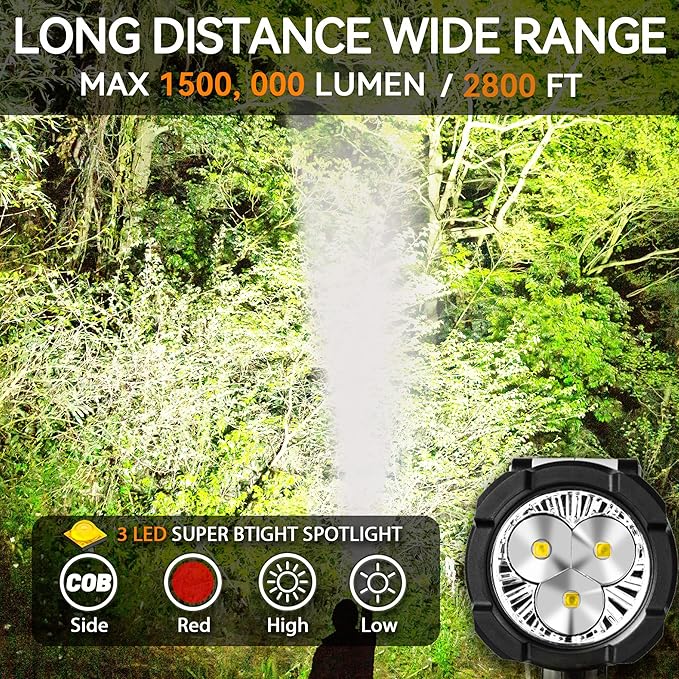Rechargeable Spotlight, 3LED 1500,000 Lumens 24H Handheld Hunting Spotlight Flashlight Led Spot light with Cob Light and Solar Panels, Lightweight and Bright Spotlight for Hunting Boating Camping