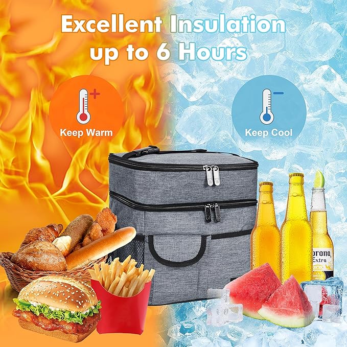Tirrinia Large Insulated Lunch Box for Women Men, Double-Layer Leak-Proof Reusable Lunch Bag with 4 Pockets for Adult, Lunch Bag Cooler Tote for Office Work and Travel,Carbonarius