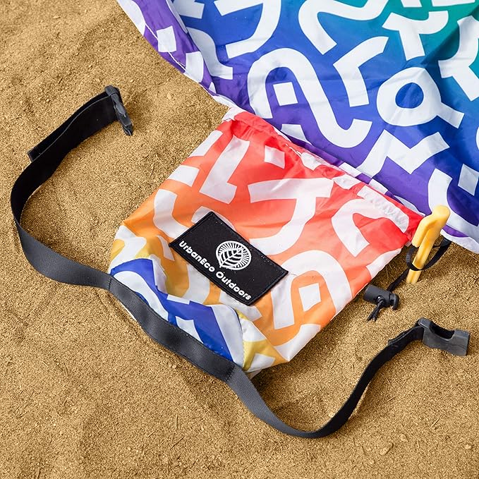 Lightweight Beach Blanket - Oversized 107" x 77" - Waterproof Sandproof - Double Anchored for Fun Leisure Beach Blanket - with Stake and Pouch - Durable Sand Beach Mat