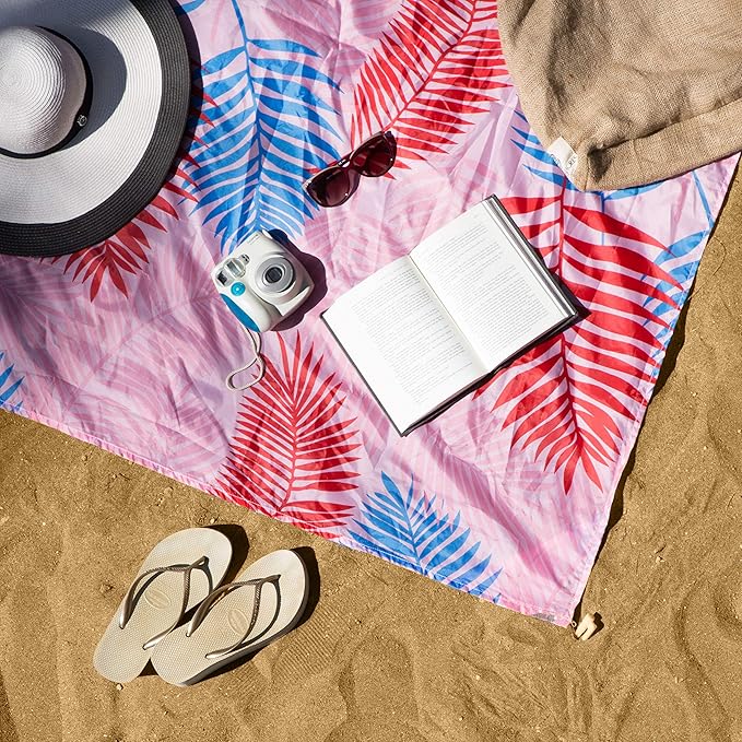 Lightweight Beach Blanket - Oversized 107" x 77" - Waterproof Sandproof - Double Anchored for Fun Leisure Beach Blanket - with Stake and Pouch - Durable Sand Beach Mat