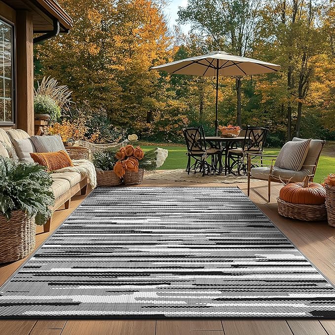 GENIMO Outdoor Rug for Patio Clearance, 5'x8' Waterproof Camping Mat, Reversible Plastic Straw Rugs for RV, Camper, Balcony, Backyard, Picnic, Deck (Black White)