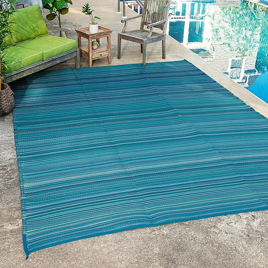 FH Home Outdoor Camping Rug - Waterproof, Fade Resistant, Reversible - Premium Recycled Plastic - Striped - Patio, Deck, Sunroom, RV - Havana - Turquoise - 5 x 8 ft Foldable